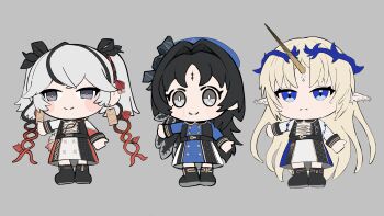 3girls absurdres beret black_boots black_hair blue_dress blue_eyes blue_hat boots camellya_(wuthering_waves) camellya_mascot_(meme) closed_mouth commentary_request dress fleurdelys_(wuthering_waves) grey_background grey_eyes grey_hair hair_intakes hair_vines hat highres horns ishida_tatsuki long_hair long_horns looking_at_viewer mascot meme multiple_girls pointy_ears red_pupils reference_sheet short_hair short_twintails simple_background single_horn smile tacet_mark_(wuthering_waves) twintails white_dress wuthering_waves yangyang_(wuthering_waves)