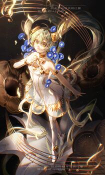 1girl absurdres armlet ballerina ballet_slippers beamed_eighth_notes bracelet closed_mouth collarbone commentary_request dress eighth_note gold_armlet gold_bracelet gramophone_miku green_eyes green_hair hair_between_eyes hair_ornament hand_on_own_chest hatsune_miku highres jewelry jiuye_mubiao_shi_mai_kao_hongshu layered_dress long_hair miku_symphony_(vocaloid) musical_note musical_staff official_alternate_costume official_alternate_hairstyle quarter_note smile solo strapless strapless_dress treble_clef twintails very_long_hair vocaloid white_dress