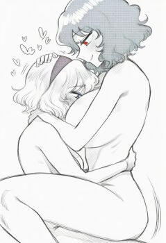 1girl alice_margatroid between_breasts blush breasts commentary completely_nude face_between_breasts hairband hand_on_another's_head head_between_breasts headpat highres kazami_yuuka kyuort large_breasts looking_at_another medium_breasts motion_lines nude red_eyes short_hair simple_background solo spot_color straddling touhou upright_straddle white_background yuri