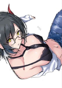 1girl azur_lane black_bra black_hair black_necktie blue_pants bra casual commentary_request cross denim glasses highres horns iron_blood_(emblem) jeans long_sleeves looking_at_viewer mechanical_horns multicolored_hair navel necktie pants red_horns shirt simple_background sitting solo soul_(dp11) ulrich_von_hutten_(azur_lane) underwear white_background white_shirt yellow_eyes