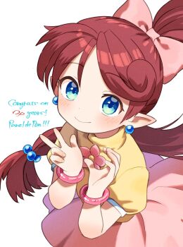 1girl alexaari2019 asymmetrical_bangs asymmetrical_hair bangle blue_eyes blush bow bracelet brooch closed_mouth dress earrings fairy flower_brooch hair_ornament hair_scrunchie half-heart_hands highres huge_bow jewelry lip_(panel_de_pon) long_hair looking_at_viewer panel_de_pon pink_bow pink_skirt pointy_ears ponytail puffy_short_sleeves puffy_sleeves scrunchie short_sleeves simple_background skirt smile solo sphere_earrings very_long_hair w white_background yellow_dress