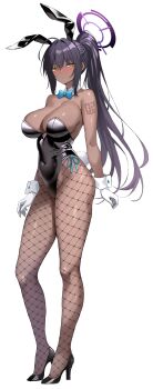 1girl absurdres animal_ears bare_shoulders black_hair black_leotard blue_archive blue_bow blue_bowtie blush bow bowtie breasts cleavage closed_mouth covered_navel dark-skinned_female dark_skin detached_collar fake_animal_ears fake_tail fishnet_pantyhose fishnets full_body gloves gradient_hair hair_between_eyes halo high_heels high_ponytail highleg highleg_leotard highres karin_(blue_archive) karin_(bunny)_(blue_archive) large_breasts leotard long_hair looking_at_viewer multicolored_hair number_tattoo official_alternate_costume pantyhose playboy_bunny ponytail purple_hair purple_halo rabbit_ears rabbit_tail ranhatu shoulder_tattoo sideboob simple_background solo standing strapless strapless_leotard tail tattoo thighs traditional_bowtie very_long_hair white_background white_gloves white_wrist_cuffs wrist_cuffs yellow_eyes