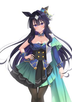 1girl animal_ears asymmetrical_clothes asymmetrical_jacket bare_shoulders black_corset black_dress black_pantyhose blue_dress blue_eyes blue_hair blush breasts cleavage closed_mouth collarbone commentary_request corset cstv dress ear_covers hair_between_eyes highres horse_ears horse_girl jacket large_breasts long_hair looking_at_viewer mole mole_under_eye multicolored_hair pantyhose simple_background single_ear_cover smile solo umamusume verxina_(le_beau_sommet)_(umamusume) verxina_(umamusume) white_background white_jacket