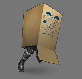 1boy big_boss box cardboard_box hiding highres male_focus metal_gear_(series) metal_gear_solid metal_gear_solid_v:_the_phantom_pain parody running simple_background solo venom_snake voodoothur wallace_&amp;_gromit