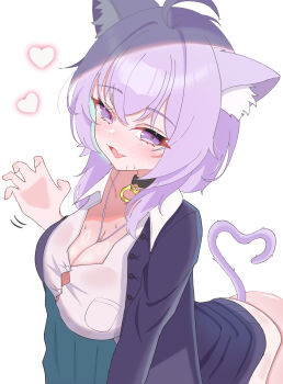 1girl absurdres ahoge animal_ear_fluff animal_ears black_collar black_jacket breasts cat_ears cat_girl cat_tail cleavage collar collared_shirt fang heart heart_tail highres hololive jacket kannagi_(fate55) large_breasts looking_at_viewer nekomata_okayu nekomata_okayu_(oversized_shirt) official_alternate_costume open_clothes open_jacket purple_eyes purple_hair shirt skin_fang smile solo tail virtual_youtuber white_shirt
