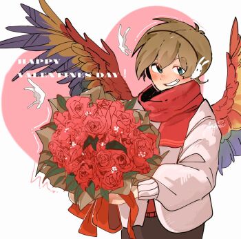 Rule 34 | 1boy, alternate costume, animification, anmitsu (anmitsu40919780), bird boy, bird wings, blue eyes, blush, bouquet, brown hair, bug, butterfly, cardigan, commentary, cowboy shot, earmuffs, english commentary, english text, flower, grian (youtuber), grin, happy valentine, heart, hermitcraft, holding, holding bouquet, insect, long sleeves, looking at viewer, male focus, minecraft youtube, pants, parrot boy, rabbit earmuffs, red flower, red rose, red scarf, rose, scarf, short hair, signature, simple background, smile, solo, standing, valentine, white background, white cardigan, wings