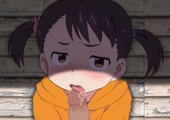 1boy 1girl animated animated_gif black_hair blush brown_eyes censored fellatio hetero hood hoodie kimi_no_na_wa. licking licking_penis loli looking_at_viewer looping_animation miyamizu_yotsuha mosaic_censoring oral orange_hoodie penis pov short_twintails twintails yuuge_(hangoban)