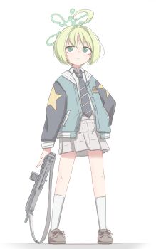1girl absurdres ahoge blue_archive closed_mouth collared_shirt commentary_request full_body green_eyes gun hair_between_eyes halo hand_in_pocket highres holding holding_gun holding_weapon jacket kneehighs long_sleeves necktie open_clothes open_jacket player193 ritsu_(blue_archive) shirt shirt_tucked_in shoes short_hair simple_background skirt socks solo standing star_(symbol) weapon white_background white_shirt white_socks