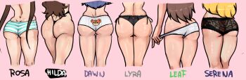 00s 10s 6+girls animal_print ass ass_focus bad_id bad_tumblr_id bear_panties bear_print black_panties blonde_hair blue_hair brown_hair butt_crack character_name close-up cropped_legs dawn_(pokemon) dimples_of_venus g-string gen_2_pokemon highleg highleg_panties hilda_(pokemon) huge_ass lace lace-trimmed_panties lace_trim leaf_(pokemon) lineup long_hair lyra_(pokemon) multiple_girls nintendo panties panty_pull pokemon pokemon_(creature) pokemon_bw pokemon_bw2 pokemon_dppt pokemon_frlg pokemon_hgss pokemon_xy print_panties rosa_(pokemon) scathegrapes serena_(pokemon) side-tie_panties striped_clothes striped_panties teddiursa thong twintails underwear ursaring white_panties wide_hips