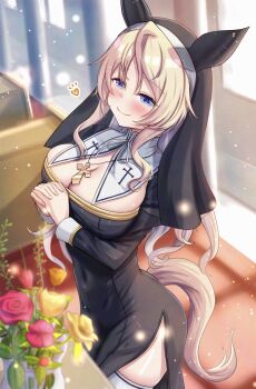 1girl absurdres alternate_costume animal_ears black_dress black_veil blonde_hair breasts cleavage cleavage_cutout closed_mouth clothing_cutout commentary_request dress highres horse_ears horse_girl horse_tail large_breasts lio_(maguri) long_hair nun own_hands_clasped own_hands_together partial_commentary purple_eyes side_slit smile solo tail thighhighs umamusume veil victoire_pisa_(umamusume) white_thighhighs