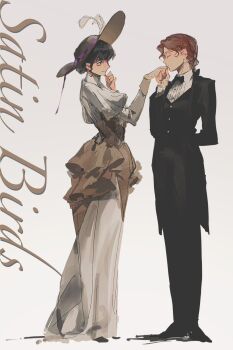 Rule 34 | 2girls, arm behind back, black bow, black bowtie, black hair, black pants, blue eyes, bow, bowtie, brown hat, character request, closed eyes, dress, dress pants, dress shirt, english text, floppy hat, gynger edventray (hiiragimare), hair bun, hat, highres, hiiragimare, hogwarts legacy, holding hands, jacket, juliet sleeves, kiss, kissing hand, long sleeves, looking at another, multiple girls, original, pants, ponytail, puffy sleeves, red hair, shirt, short hair, simple background, sketch, suit jacket, tuxedo, vest, waistcoat, white background, white dress, white shirt, wizarding world