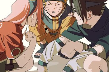 Rule 34 | 1girl, 2boys, absurdres, anger vein, black eyes, black hair, blonde hair, blue shirt, clenched hand, closed eyes, detached sleeves, dress, facial mark, forehead protector, haruno sakura, highres, jacket, long hair, looking at another, multiple boys, naruto (classic), naruto (series), open-toe shoes, orange jacket, orange pants, pants, parted lips, pink hair, pnpk 1013, red dress, shirt, short hair, short sleeves, squatting, sweatdrop, uchiha sasuke, uzumaki naruto, whisker markings, white background