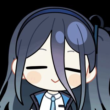 1girl :> animated animated_gif aqua_necktie aris_(blue_archive) black_jacket blue_archive blue_hair blue_hairband blue_jacket blush_stickers chibi chunye_haruya closed_eyes closed_mouth collared_shirt dot_nose facing_viewer hair_between_eyes hairband jacket long_bangs long_hair long_hair_between_eyes lowres multicolored_jacket necktie one_side_up open_clothes open_jacket school_uniform second-party_source shirt simple_background smile solo teardrop transparent_background upper_body white_jacket white_shirt