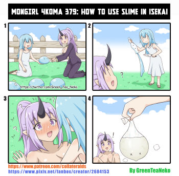 1futa 1girl 4koma ? absurdres aqua_hair blue_hair censored_nipples closed_mouth comic condom convenient_censoring cum english_text futa_with_female futanari greenteaneko highres horns implied_sex knife open_mouth outdoors purple_eyes purple_hair ranch rimuru_tempest shion_(tensura) single_horn slime_(creature) tensei_shitara_slime_datta_ken used_condom x_x