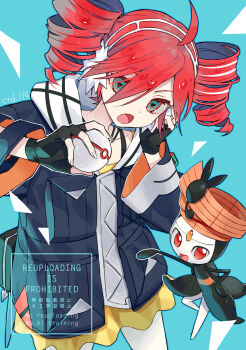 1girl :d :o ahoge artist_name black_gloves black_jacket collarbone commentary_request cowboy_shot ctd_114 drill_hair earmuffs fingerless_gloves gen_5_pokemon gloves hair_between_eyes highres holding holding_poke_ball jacket kasane_teto legendary_pokemon long_sleeves meloetta meloetta_(pirouette) mythical_pokemon nintendo open_mouth poke_ball pokemon pokemon_(creature) project_voltage red_hair rival_teto_(project_voltage) short_hair skirt smile symbol-shaped_pupils triangle-shaped_pupils twin_drills utau vocaloid watermark wide_sleeves yellow_skirt