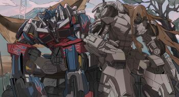 2boys blue_eyes cloak flame_print highres hood hooded_cloak humanoid_robot juicer113 machine mecha megatron multiple_boys no_humans optimus_prime red_eyes robot science_fiction transformers transformers:_dark_of_the_moon transformers_(live_action) tree