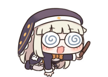 1girl :3 blush_stickers chibi coke-bottle_glasses commentary_request glasses holding holding_pointer meme nipruku opaque_glasses pointer solo speaki_(trickcal) speakiposting_(meme) trickcal white_background