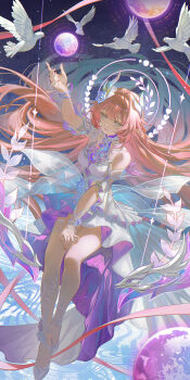 1girl absurdres aqua_hair bare_shoulders bird breasts cyrene_(honkai:_star_rail) cyrene_(ripples_of_past_reverie)_(honkai:_star_rail) dove dress flower hair_flower hair_ornament halo high_heels highres honkai:_star_rail honkai_(series) large_breasts long_hair on_swing pink_hair planet purple_eyes sky solo star_(sky) starry_sky swing thighs tian_nima very_long_hair white_dress