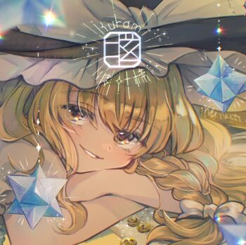 1girl blonde_hair bow braid coin commentary_request crossed_arms diao_ye_zong grin hair_bow hanada_hyou hat hat_bow kirisame_marisa long_hair looking_at_viewer puffy_short_sleeves puffy_sleeves short_sleeves single_braid smile solo stellated_octahedron touhou white_bow witch_hat yellow_eyes