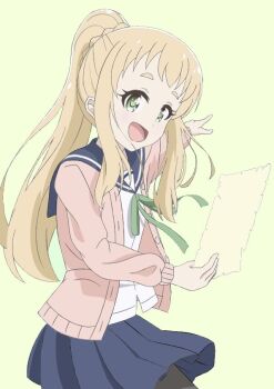 1girl black_pantyhose blonde_hair blue_sailor_collar blue_skirt dot_nose feet_out_of_frame female_focus green_background green_eyes holding inose_mai koisuru_asteroid long_hair long_sleeves looking_at_viewer open_sweater pantyhose pink_sweater pointing ponytail qb_(qb46311027) ribbon sailor_collar school_uniform serafuku shirt simple_background skirt solo standing sweater white_shirt