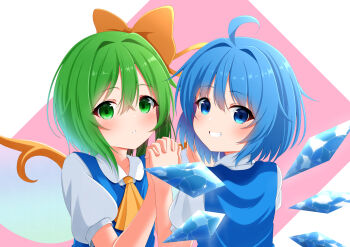 Rule 34 | 2girls, absurdres, ahoge, ascot, blue bow, blue dress, blue eyes, blue hair, blush, bow, cirno, cirno day, collared shirt, commentary request, daiyousei, detached wings, dress, fairy, fairy wings, green eyes, green hair, grin, hair bow, highres, holding hands, ice, ice wings, interlocked fingers, looking at viewer, medium hair, multiple girls, pinafore dress, puffy short sleeves, puffy sleeves, rense 1010 (number nanashi), shirt, short sleeves, sleeveless, sleeveless dress, smile, touhou, white shirt, wings, yellow ascot, yellow bow