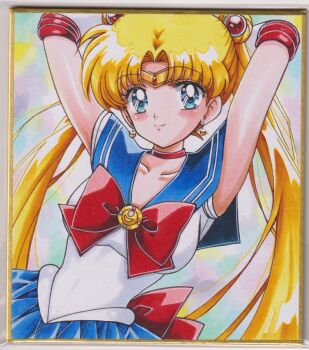 1girl bishoujo_senshi_sailor_moon blonde_hair blue_eyes blue_sailor_collar blue_skirt bow breasts chikoto_(kztc4472) choker collarbone double_bun earrings elbow_gloves gloves hair_bun hair_ornament highres jewelry long_hair looking_at_viewer magical_girl open_mouth photo_(medium) red_bow red_choker sailor_collar sailor_moon sailor_senshi_uniform skirt smile solo traditional_media tsukino_usagi twintails white_gloves