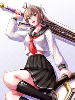 1girl ao_no_kiseki bob_cut braid braided_bun brown_hair duvalie eiyuu_densetsu green_eyes hair_between_eyes hair_bun hajimari_no_kiseki highres holding holding_sword holding_weapon huge_weapon necktie open_mouth school_uniform sen_no_kiseki_(series) sen_no_kiseki_i serafuku sidelocks skirt smile solo striped_background sword thighhighs weapon white_serafuku xiacheng_tatsuya zero_no_kiseki
