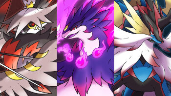 albrt-wlson arrow_(projectile) black_sclera bright_pupils closed_mouth colored_sclera commentary english_commentary fangs fire fusion gen_1_pokemon gen_4_pokemon gengar gyarados highres hisuian_decidueye hisuian_samurott hisuian_typhlosion mega_gengar mega_gyarados mega_pokemon mega_staraptor nintendo no_humans one_eye_covered open_mouth pink_fire pokemon pokemon_(creature) pokemon_focus red_eyes red_sclera smile staraptor starter_pokemon_trio white_eyes white_pupils