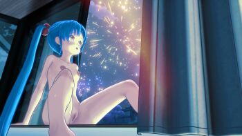 1girl 3d 4th_of_july arm_support beach blue_hair blush breasts completely_nude facial_mark feet feet_out_of_frame female_focus fireworks forehead_mark freckles highres indoors kyoshourz loli long_hair masaki_sasami_jurai nail_polish nude perky_breasts pink_eyes pink_nails pussy small_breasts smile solo tenchi_muyou! twintails