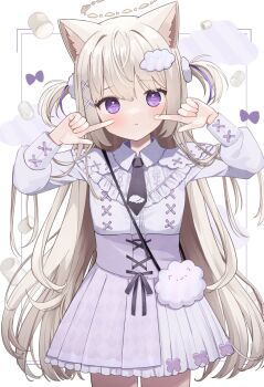 1girl :t animal_ears arms_up artist_name black_necktie black_ribbon blonde_hair blush bow bow_print cat_ears cloud_hair_ornament cloud_print collar dot_nose food frilled_collar frills goma_(u_p) hair_ornament halo heart highres long_hair long_sleeves looking_at_viewer low_twintails marshmallow necktie original purple_bow purple_eyes ribbon shirt signature skirt solo sparkling_eyes twintails very_long_hair white_background white_shirt white_skirt x_hair_ornament