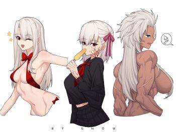 3girls aged_up archer_(fate) black_serafuku blue_eyes breasts commentary dark_sakura empty_eyes english_commentary fate/stay_night fate_(series) food genderswap genderswap_(mtf) hair_ribbon highres hip_bones holding holding_food holding_popsicle illyasviel_von_einzbern large_breasts long_hair matou_sakura medium_breasts multiple_girls muscular muscular_female narrow_waist nude one_eye_closed open_mouth popsicle red_eyes ribbon school_uniform serafuku smile star_(symbol) suhyeon white_hair