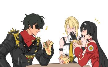 1boy 2girls astra_yao bare_shoulders black_gloves black_hair blonde_hair breasts burger closed_eyes commentary eating english_commentary evelyn_chevalier food gloves highres holding holding_burger holding_food lighter_(zenless_zone_zero) long_hair lycanheiress multiple_girls musical_note notice_lines open_mouth red_scarf scarf simple_background sleeveless smile spiked_jacket sunglasses white_background zenless_zone_zero
