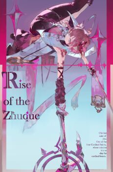 1girl absurdres ahoge aqua_eyes asymmetrical_clothes axe black_bodysuit black_gloves bodysuit breasts bright_pupils chichiri cleavage closed_mouth coat commentary_request draph english_text expressionless feet_out_of_frame fingerless_gloves gloves granblue_fantasy highres holding holding_axe horns large_breasts looking_at_viewer pink_hair pink_horns pointy_ears purassi88 short_hair single_pantsleg skin_tight sleeveless sleeveless_coat solo thigh_strap upside-down white_coat white_pupils