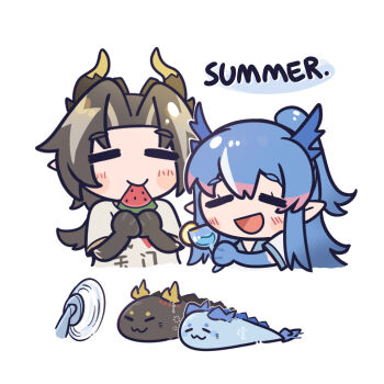 1boy 1girl arknights blue_hair chibi chibi_only chongyue_(arknights) closed_eyes cocktail cup curtained_hair drinking_glass electric_fan food food_in_mouth fruit ling_(arknights) long_hair open_mouth pointy_ears ponytail sukey_four summer watermelon wine_glass