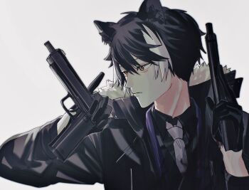 Rule 34 | 1boy, aegyo sal, animal ears, black coat, black gloves, black hair, black shirt, black vest, blood, blood on clothes, blood on hands, coat, collared shirt, commentary, dual wielding, expressionless, fur-trimmed coat, fur trim, gloves, gun, hair between eyes, half gloves, handgun, hands up, highres, holding, holding gun, holding weapon, holostars, jackal boy, jackal ears, kageyama shien, kageyama shien (1st costume), looking to the side, male focus, momiage 40, multicolored hair, necktie, reloading, shirt, short hair, simple background, solo, stole, trigger discipline, two-tone hair, upper body, vest, virtual youtuber, weapon, white background, white hair, white necktie, yellow eyes