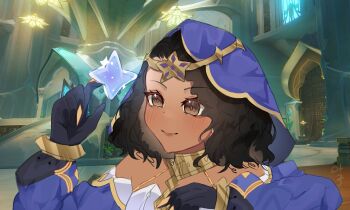 1girl absurdres animification ashely_biski bare_shoulders black_gloves blue_hood blue_sleeves blush book book_stack breasts brown_hair claw_ring closed_mouth commentary cosplay dark-skinned_female dark_skin day detached_sleeves dress english_commentary english_text game_screenshot_background genshin_impact gloves green_eyes hand_up highres hood hood_up in-universe_location indoors jewelry kanako_(fuwachu) ladder layla_(genshin_impact) layla_(genshin_impact)_(cosplay) library long_sleeves medium_hair neck_ring object_request puffy_sleeves real_life ringlets screenshot_background shelf small_breasts smile solo upper_body voice_actor voice_actor_connection