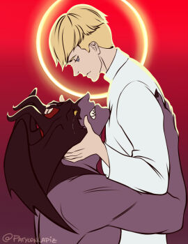 2boys asuka_ryou blonde_hair blue_eyes crying demon demon_boy devilman devilman_(character) devilman_crybaby eye_contact eyebrows fudou_akira head_wings looking_at_another male male_focus monster monster_boy multiple_boys patyconlapiz sharp_teeth shirt short_hair size_difference tears teeth white_shirt wings yellow_eyes