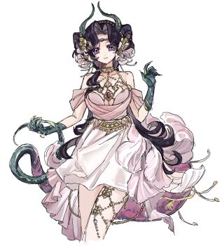 1girl anjo_nala anjo_nala_(forbidden_fruit) bare_shoulders black_hair cowboy_shot cropped_legs demon_girl demon_horns double_bun dress flower gloves gold_choker green_gloves green_horns hair_bun hair_flower hair_ornament hand_up hashtag-only_commentary highres horns lizard_tail long_hair looking_at_viewer official_alternate_costume purple_eyes purple_tail reverse:1999 ruo_dong_qu_chun_lai short_dress sleeveless sleeveless_dress smile solo tail white_background white_dress white_flower