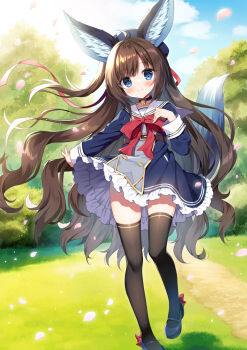 1girl ahoge animal_ear_fluff animal_ears bell belt belt_buckle beret black_choker black_thighhighs blue_dress blue_eyes blue_hat blue_shoes blue_sky blush bow brown_belt brown_hair buckle bush choker closed_mouth cloud collarbone commentary_request day dress frilled_dress frills grass hat jingle_bell long_hair long_sleeves looking_at_viewer mauve neck_bell one_side_up original outdoors parted_bangs path petals red_bow road shoes sky sleeves_past_wrists smile solo standing standing_on_one_leg tail thighhighs very_long_hair