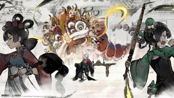 Rule 34 | 1boy, 2girls, absurdres, architecture, black boots, black dress, black pants, blue hair, boots, closed eyes, coat, copyright name, copyright notice, crossed legs, dress, east asian architecture, fuzi, green sleeves, hair ornament, highres, holding, holding phone, holding sword, holding weapon, huai (xinyue tongxing), ink wash painting, jian (weapon), ke (xinyue tongxing), logo, low ponytail, monster, multiple girls, official art, official wallpaper, on stool, open mouth, pants, phone, pom pom (clothes), pom pom hair ornament, ponytail, profile, red coat, red sleeves, siblings, sisters, sitting, sword, table, upper body, weapon, white dress, white hair, wooden sword, wutong (xinyue tongxing), xinyue tongxing