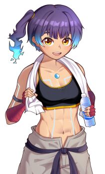 1girl abs belt blue_hair bottle breasts brenguyeno crop_top dark-skinned_female dark_skin fingerless_gloves gloves looking_at_viewer martial_arts_belt medium_breasts medium_hair pants sena_(xenoblade) side_ponytail teeth towel upper_teeth_only white_background xenoblade_chronicles_(series) xenoblade_chronicles_3 yellow_eyes