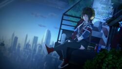 1girl 3d ^_^ animated anna_anon black_gloves black_skirt black_thighhighs blurry blurry_background brown_eyes brown_hair city cityscape closed_eyes fingerless_gloves flying_car full_body gloves gradient_sky headphones highres hood hoodie koikatsu_(medium) light_rays long_hair long_sleeves night original rain red_shoes science_fiction shadow shoes sitting skirt sky smile sneakers solo spacecraft swinging_legs tagme thighhighs vending_machine video