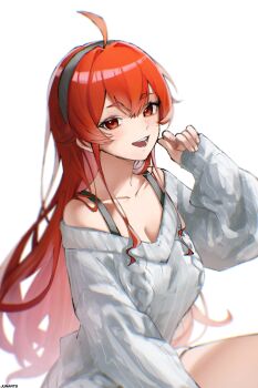 1girl ahoge alternate_costume artist_name black_hairband blush bra bra_peek breasts cleavage collarbone commentary eris_greyrat hair_between_eyes hairband hand_up highres junarts long_hair long_sleeves looking_at_viewer mushoku_tensei off-shoulder_sweater off_shoulder open_mouth red_eyes red_hair ribbed_sweater simple_background sitting smile solo sweater underwear very_long_hair white_background white_sweater