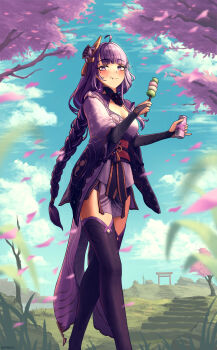 Rule 34 | 1girl, absurdres, blue sky, blunt bangs, blurry, blurry background, blush, braid, breasts, bridal gauntlets, cherry blossoms, commentary, dango, dango milk (genshin impact), depth of field, eating, falling petals, food, genshin impact, grass, hair ornament, highres, holding, holding food, japanese clothes, kimono, large breasts, lingerie, looking to the side, mole, mole under eye, multicolored hair, off shoulder, petals, pink petals, purple kimono, purple thighhighs, raiden shogun, red sash, s99g, sash, sky, standing, streaked hair, thighhighs, tree, underwear, upper body, wagashi
