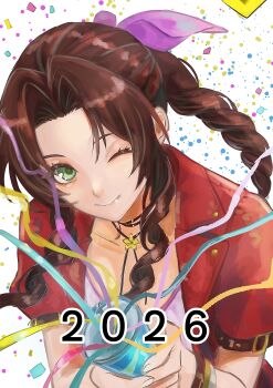 Rule 34 | 1girl, 2026, absurdres, aerith gainsborough, arm belt, bangle, bracelet, braid, braided ponytail, brown hair, choker, closed mouth, confetti, dress, final fantasy, final fantasy vii, final fantasy vii remake, flower choker, green eyes, hair ribbon, hashtag-only commentary, highres, holding, holding party popper, jacket, jewelry, long hair, looking at viewer, one eye closed, parted bangs, party popper, pink dress, pink ribbon, red jacket, ribbon, rino han, short sleeves, sidelocks, single braid, smile, solo, streamers, upper body