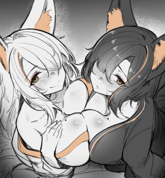 2girls animal_ear_fluff animal_ears bare_shoulders black_hair black_kimono blush borrowed_character breast_press breasts cleavage fox_ears fox_girl greenopi hair_over_one_eye huge_breasts japanese_clothes kimono long_hair mole mole_on_breast monochrome multicolored_hair multiple_girls off_shoulder orange_eyes orange_hair orange_trim original smile spot_color symmetrical_docking two-tone_hair white_hair white_kimono