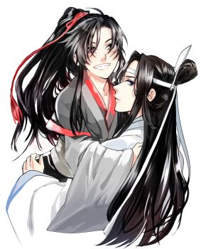 2boys ahoge bishounen black_eyes black_hair black_hanfu blush chinese_clothes closed_mouth commentary_request couple fang grey_eyes grin hair_ornament hair_ribbon hand_on_another's_hip hanfu headband hug lan_wangji long_hair long_sleeves looking_at_viewer male_focus modao_zushi multiple_boys ponytail red_ribbon ribbon robe sidelocks simple_background smile sunmoon9994 tassel tassel_hair_ornament topknot wei_wuxian white_background white_hanfu white_headband wide_sleeves xiao_guan_(headdress) yaoi