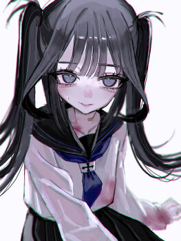 1girl absurdres black_hair black_sailor_collar black_skirt blood blood_on_clothes blue_neckerchief closed_mouth commentary grey_eyes hayu_(hayu0305) highres long_hair long_sleeves looking_at_viewer neckerchief original pleated_skirt sailor_collar school_uniform serafuku shirt simple_background sitting skirt solo twintails white_shirt