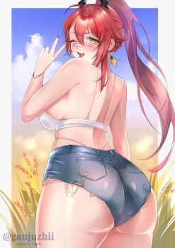 1girl absurdres alternate_costume ass ass_focus bare_shoulders blush breasts crop_top fang from_behind ganjuzhii goddess_of_victory:_nikke hair_ornament highres huge_ass large_breasts long_hair looking_at_viewer looking_back one_eye_closed open_mouth ponytail red_eyes red_hair red_hood_(nikke) red_hood_(retro_days)_(nikke) short_shorts shorts sideboob smile solo very_long_hair wink