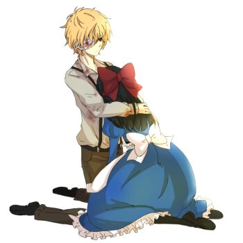 Rule 34 | 1boy, 1girl, aya drevis, bad id, bad pixiv id, bandage over one eye, belt, black hair, blonde hair, blood, blue dress, bow, collared shirt, dio (mad father), dress, expressionless, frills, hair bow, hair ornament, hiki-wota, hug, kneeling, long hair, mad father, one eye covered, orange eyes, pants, pantyhose, puffy sleeves, shirt, shoes, short hair, simple background, sitting, white background